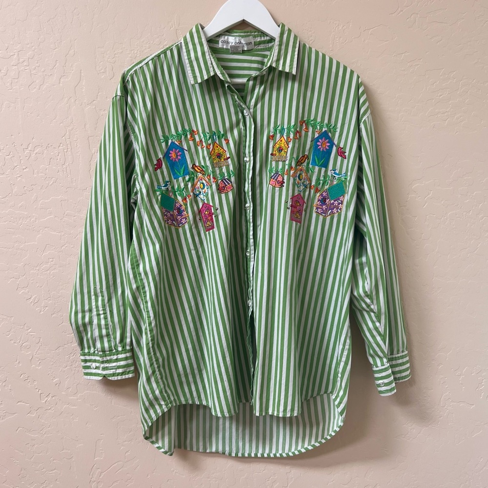 Casey Coleman 100% Cotton Vintage Embroidered Striped Button Down Shirt